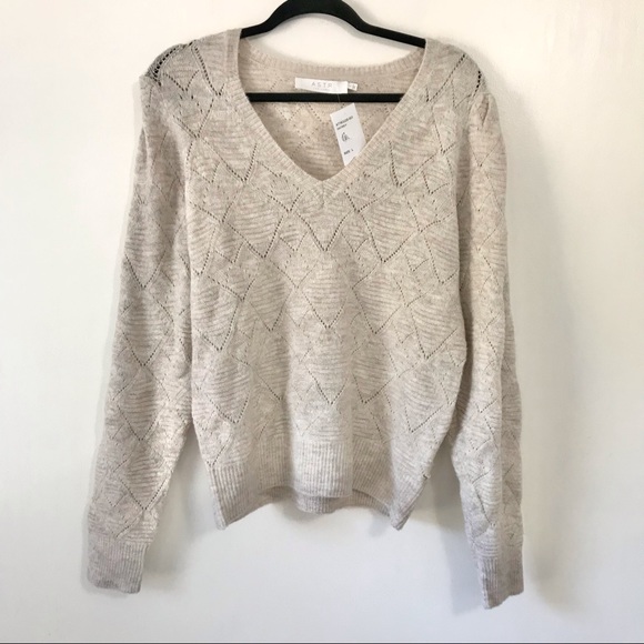 ASTR the Label Oatmeal V-Neck Argyle Pointelle Sweater - Picture 3 of 8